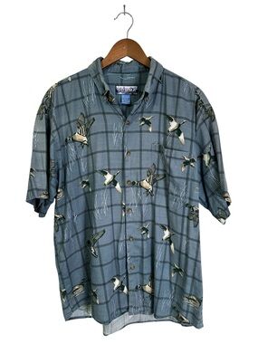 Summa Men’s L Blue Plaid Pattern Flying Ducks Short Sleeve Button Down Shirt